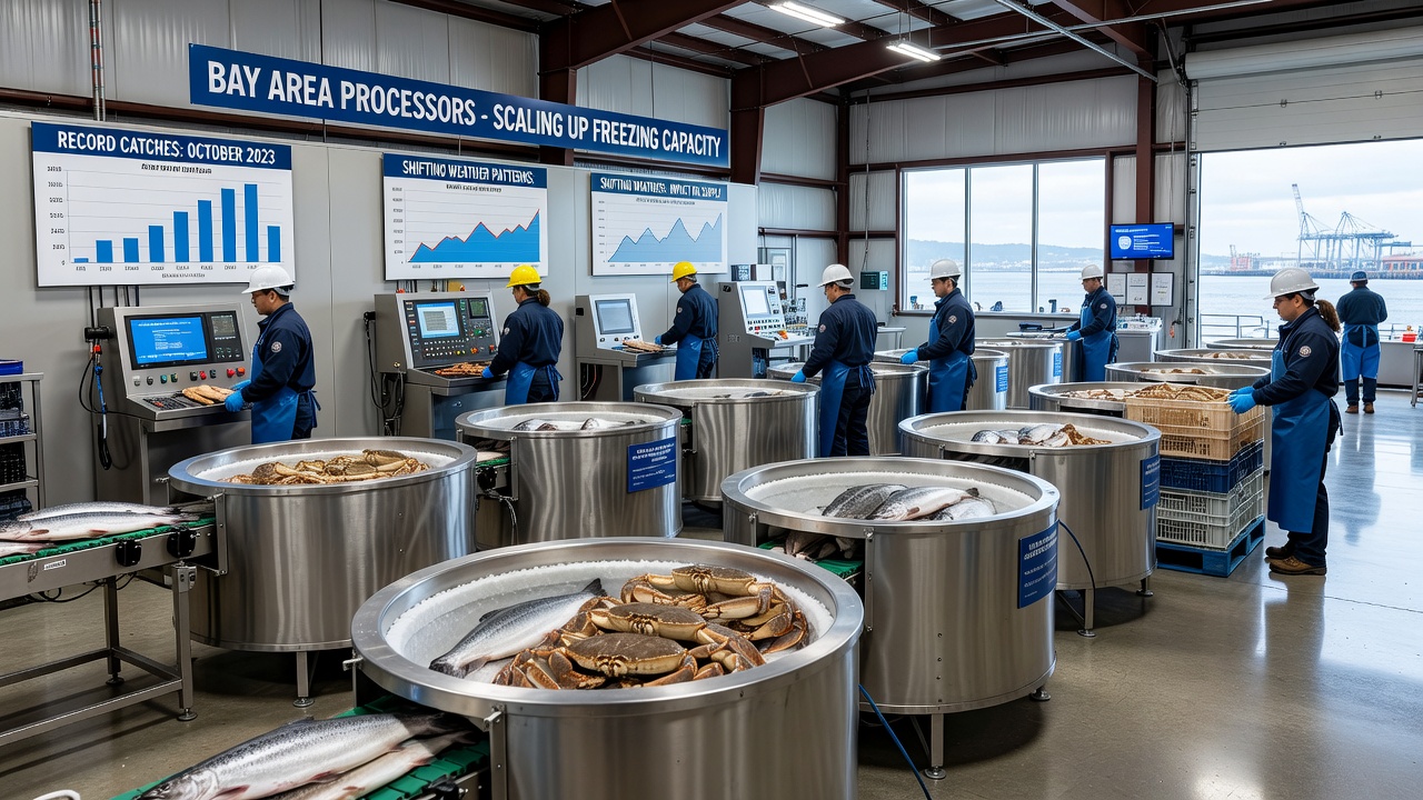 Workers overseeing automated freezing lines at a Bay Area seafood processing facility