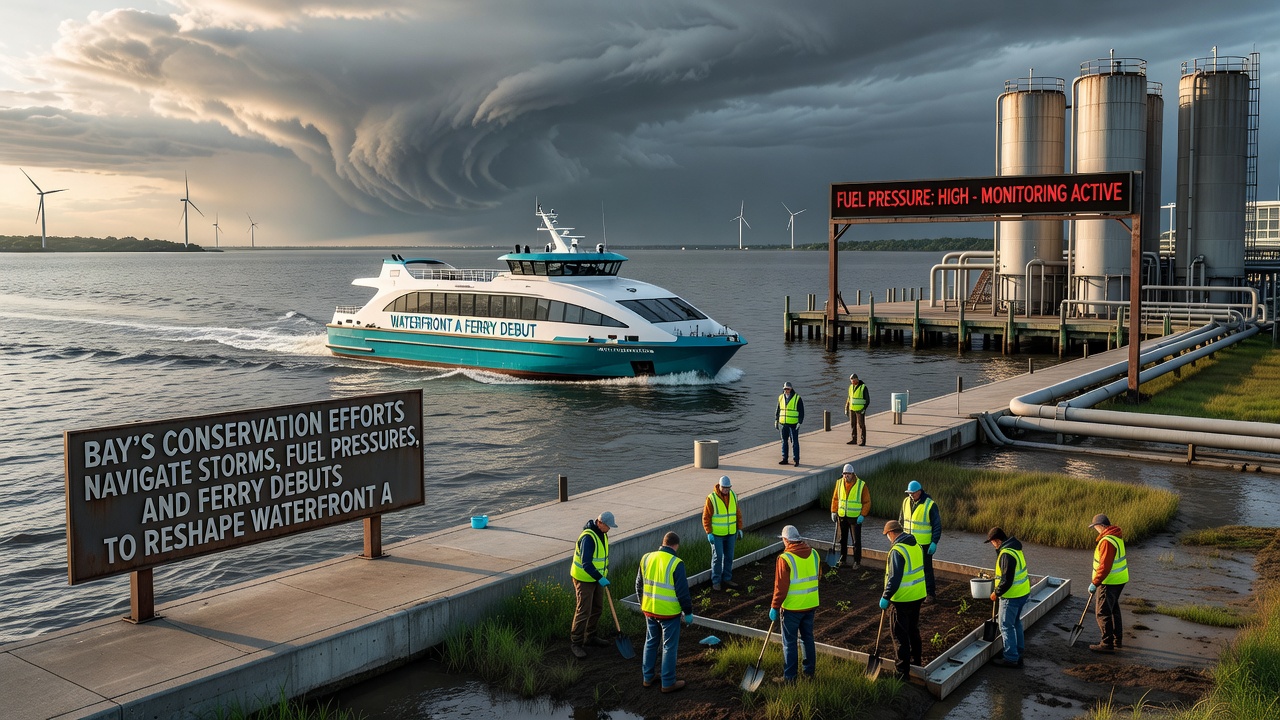 Electric ferry prototype docked at harbor bay terminal with charging stations and nearby conservation signage