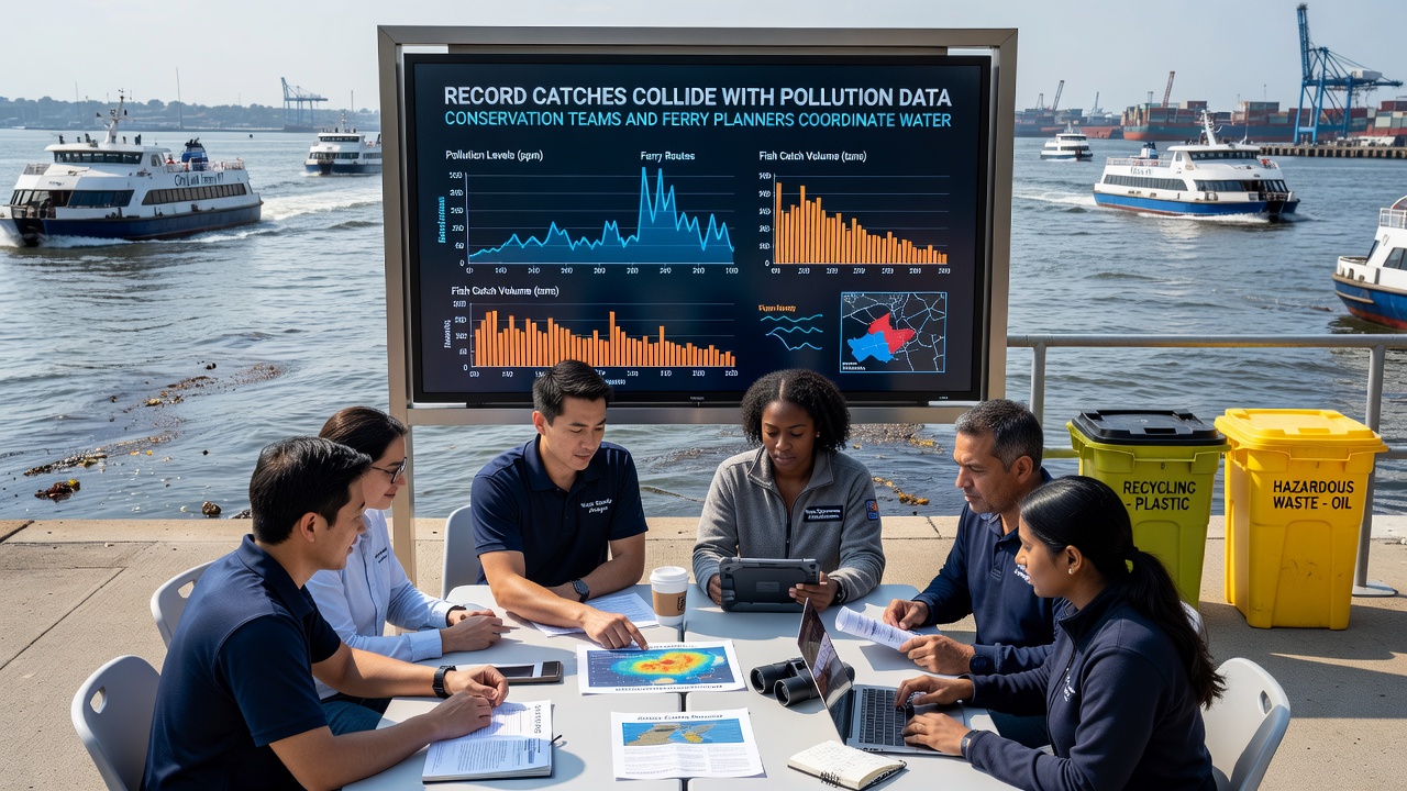 Conservation specialists and ferry engineers reviewing waterfront maps during a coordination meeting