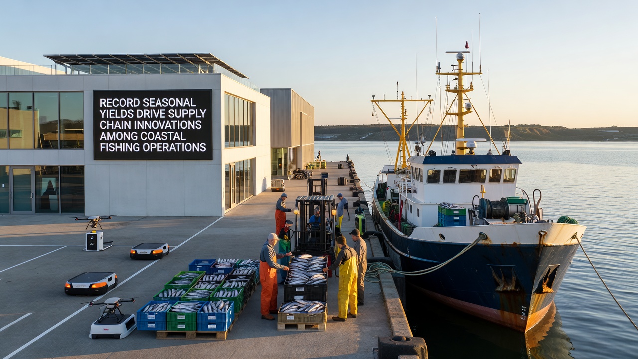 Workers operating advanced sorting and packaging equipment inside a modern coastal seafood processing plant
